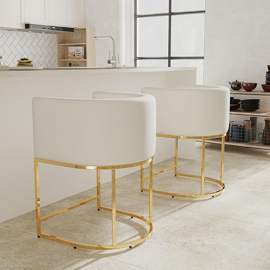 Contemporary Cream Velvet Bar Stools Set of 2, 24" Upholstered Fabric Counter Height Barstools Kitchen Counter Island Stools with Screwed Together Golden Metal Base