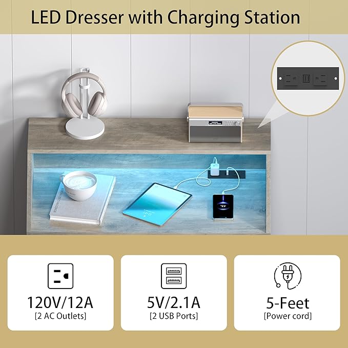 Grey Dresser Tall 5 Drawer Dresser for Bedroom, Wood Chest of Drawers with LED Lights, Charging Station, Metal Handles, Modern Storage Cabinet and Organizer Drawers for Living Room, Hallway