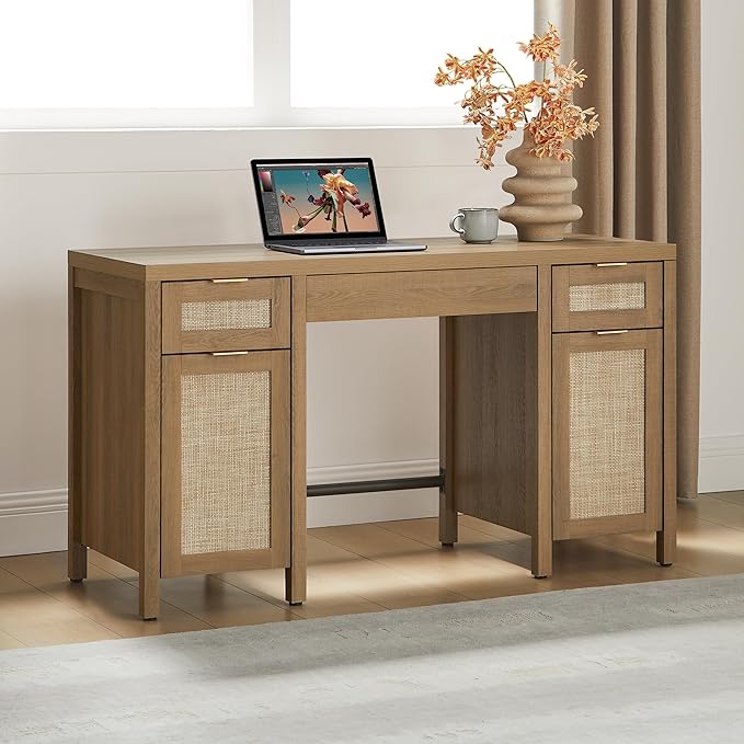 SICOTAS 52" Rattan Home Office Desk with 3 Drawers: Boho Executive Desk with 2 Storage Cabinets, Large Computer Writing Table for Study, Office, Living Room