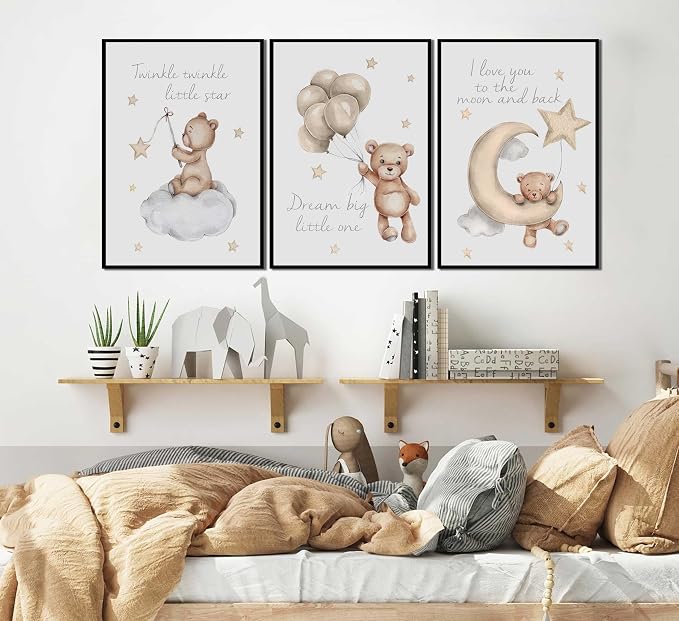 MTLXSBLT 3Pcs Nursery Teddy Bear Wall Art Cute Little Bears Wall Decor Slepping Teddy Bears Posters Prints Moon Star Cloud Neutral Nursery Canvas Pictures for Kid's Room or Bedroom Painting Unframed