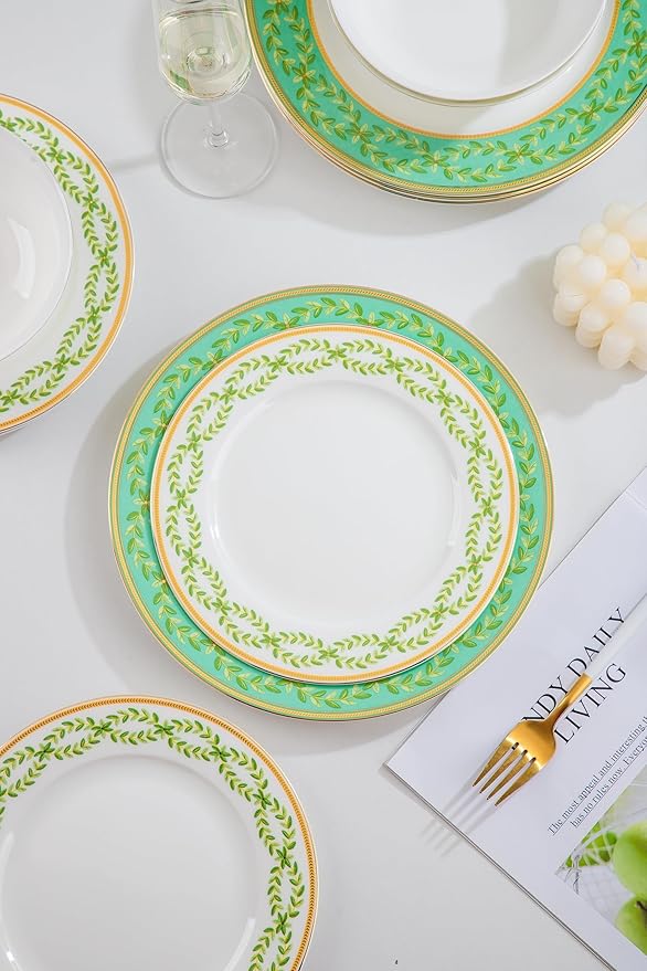 High Bone China Dinnerware Set, 12-Piece Artistic Green Plates and Bowls, Lightweight & Chip Resistant Ceramic Service for 4, Dishwasher Safe Elegant Kitchen Dining