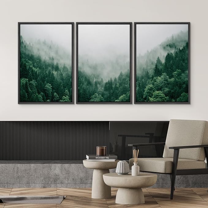 SIGNWIN Framed Canvas Print Wall Art Set Fog & Mist Mountain Forest Valley Nature Wilderness Photography Modern Art Rustic Landscape Relax/Calm for Living Room, Bedroom, Office - 24"x36"x3 Black