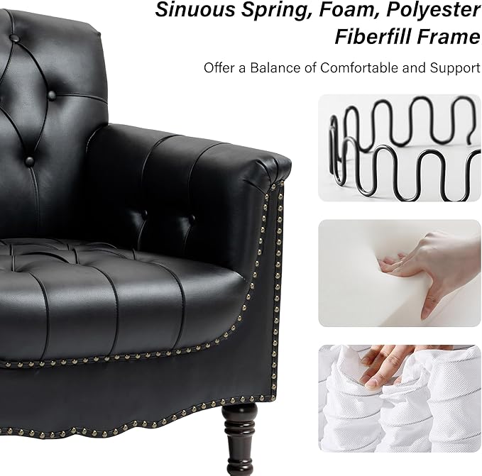 Faux Leather Accent Chair, PU Leather Modern Comfy Upholstered Armchair with Wood Legs & Nailhead Trim for Living Room, Bedroom (Black,Set of 1)