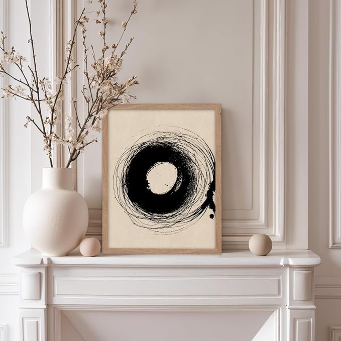 Poster Master Handmade Circle Drawing Poster - Ink Brush Print - Drawing & Sketch Art - Abstract & Modern Art - Great Bedroom or Living Room Wall Decor - 8x10 Beige Framed