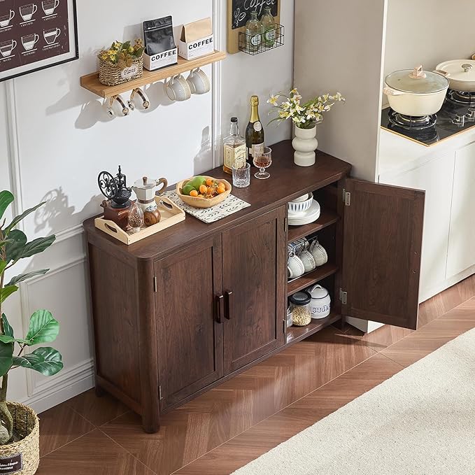 Sideboard Buffet Cabinet with Storage, 46" Arc-Shaped Credenza with 3 Doors & Adjustable Shelves, Mid Century Modern Coffee Bar Cabinet for Kitchen, Living Room, Entryway, Walnut