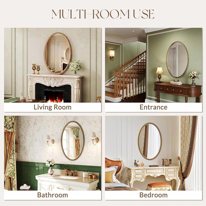 Uniclinens Gold Oval Beaded Mirror Decor - Large Decorative Vintage Oval Mirror for Wall Decor 24"X36" with Metal Frame, Ideal for Entryway, Fireplace, Living Room, Hallway, Bathroom