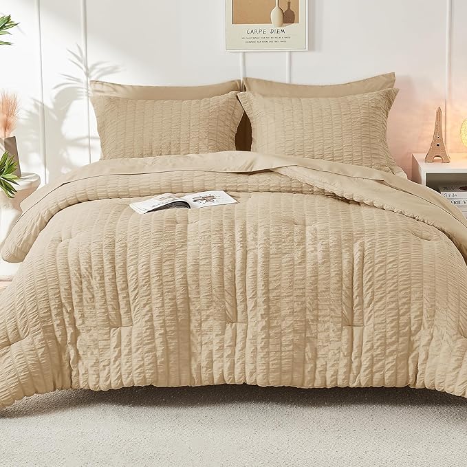HYMOKEGE Khaki Twin Comforter Set Seersucker 5 Pieces, All Season Luxury Bed in a Bag for Bedroom, Bedding Set with Comforter, Sheets, Pillowcase & Sham