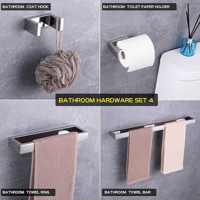 GERZWY 4-Piece Bathroom Accessory Set SUS 304 Stainless Steel Towel Bar Toilet Paper Holder Towel Ring Towel Hooks Wall Mount, Polished Finish HG1708-4JG