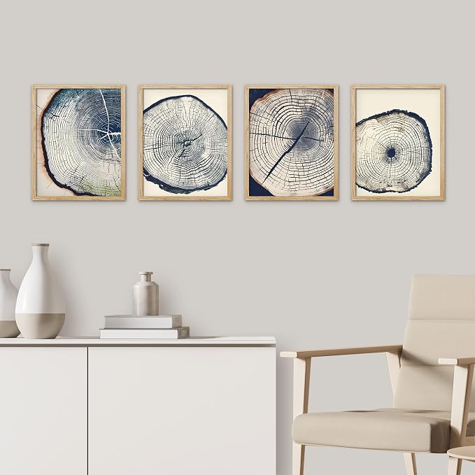 SIGNWIN Framed Blue & White Overexposed Wood Tree Ring Wall Art, Set of 4 Nature Wildernes Wall Decor Prints, Minimalism Wall Décor for Living Room, Bedroom - 12"x16" Natural