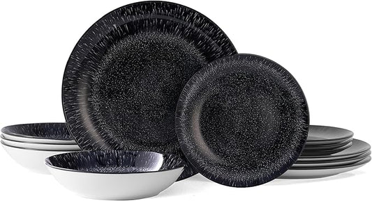 Bestone 12-Piece Round Porcelain Dinnerware Set, Service for 4, Chip Resistant Plates and Bowls,Black, Dishwasher & Microwave Safe for Home Daily Use
