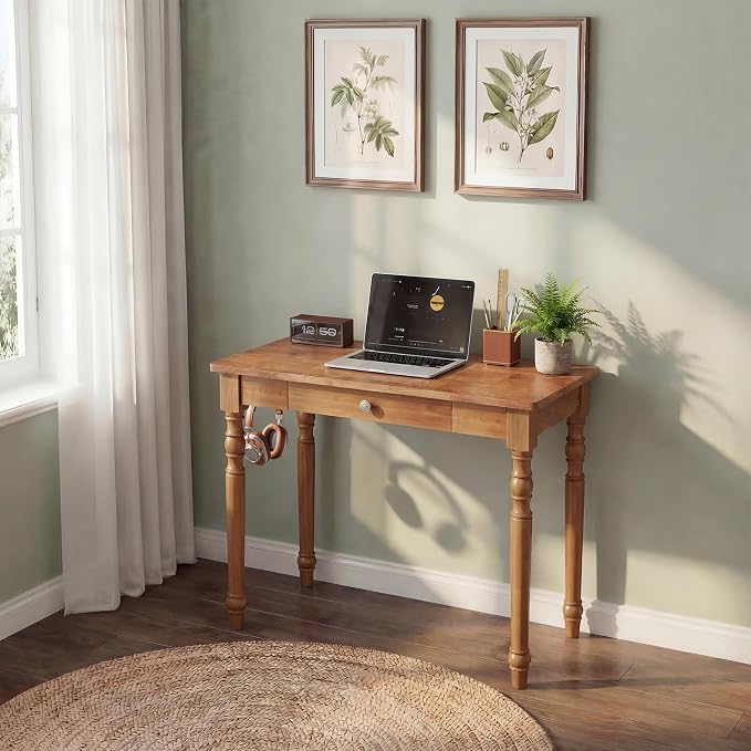 100% Solid Wood Desk with Drawers, 31 x 16 Inch Narrow Mid Century Modern Desk, Vintage Small Wooden Writing Table for Small Spaces Bedroom, Living Room, Office