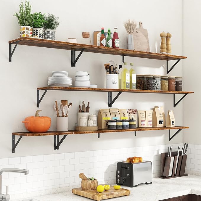 8" Deep Floating Shelves for Wall,16 inch Wood Wall Shelves Set of 2,Wide Floating Bookshelf with Sturdy Metal Brackets,Hanging Storage Floating Shelf for Living Room,Bedroom,Bathroom,Rustic Brown