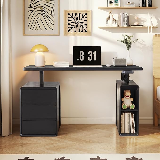 Electric Standing Desk with Drawers, 55" Office Desk Height Adjustable Executive Desk with Storage Shelves, Simple Setup Wood Desk Home Office Stand up Desk for Work, Study, Writing, Black