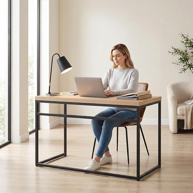 CENSI 47" Natural Oak Writing Computer Laptop PC Desk, Light Wood | Modern Industrial Writing Table, 1.6" Thick Wood Top, Sturdy Metal Frame, Home Office Workstation