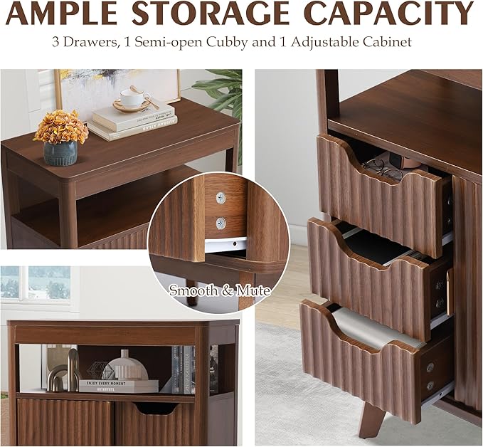 Fluted Floor Bathroom Cabinet with Sliding Door, Modern 3 Drawers Storage Organizer with Adjustable Shelf, Mid Century Bathroom Storage Cabinet with Curved Edge for Bathroom Dining Room (Brown)