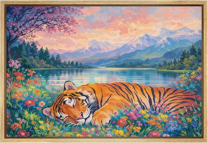 SIGNWIN Framed Canvas Print Wall Art Sleeping Tiger by Mountain Lake Wildflower Landscape Rustic Landscape Relax/Calm for Living Room, Bedroom, Office - 16"x24" Natural