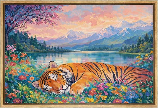 SIGNWIN Framed Canvas Print Wall Art Sleeping Tiger by Mountain Lake Wildflower Landscape Rustic Landscape Relax/Calm for Living Room, Bedroom, Office - 24"x36" Natural