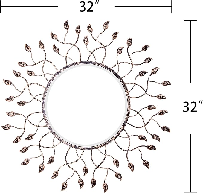 Chende Round Mirror for Dining Room Decor, 32" x 32" Large Mirror for Living Room with Removable Leaves, Beveled Edge and Metal Frame, Decorative Wall Mirror for Entrance Decor