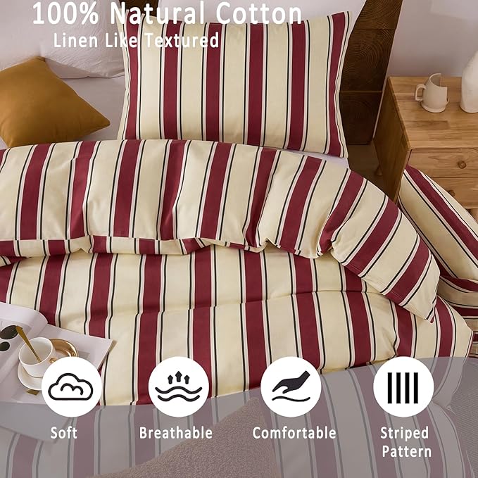 Merryword Red and Cream Striped Duvet Cover Set King Size, 100% Cotton Bedding Set with Zipper Closure & 8 Corner Ties, Awning Stripe Bedding, Soft Breathable Comforter Cover for All Seasons