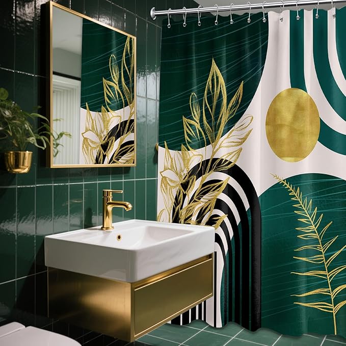 Dark Green Shower Curtain Boho Mid Century Modern Emerald Hunter Green and Gold Shower Curtains for Bathroom Decor, Waterproof Cloth Fabric with Hooks, 70" W x 72" L