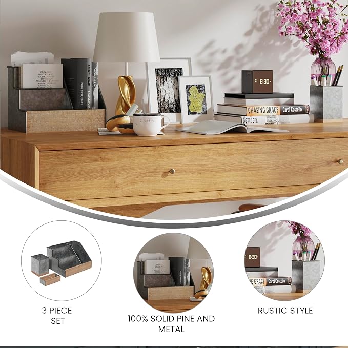 Merrick Lane Cecil 3 Piece Metal and Wood Organizer Set - Galvanized Metal and Rustic Wood - For Desktop, Countertop, or Vanity