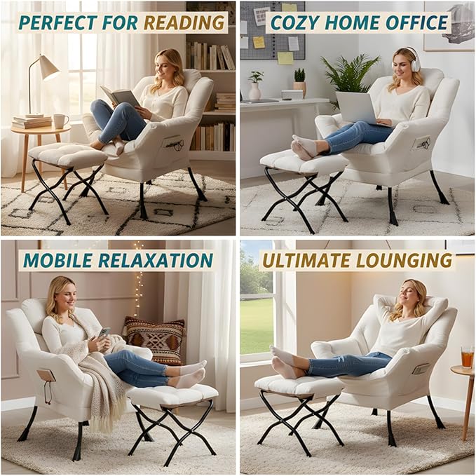 Tiita Lazy Chair with Ottoman, Beige Modern Large Accent Chair, Comfy Leisure Sofa Armchair with Ottoman, Reading Chair with Footrest for Bedroom, Living Room, Dorm Rooms, Beige