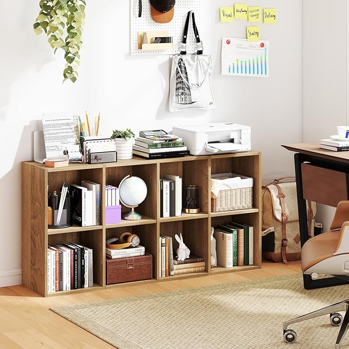 Tangkula 8-Cube Bookcase, Large Floor Standing Horizontal Bookshelf with 8 Open Shelves & 2 Anti-Tipping Kits, Home Office Wooden Storage Book Shelf for Living Room, Study (Natural, 8-Cube)
