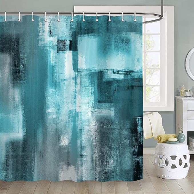 Teal Abstract Oil Shower Curtain, Modern Art Blue Grey Painting Fabric Bathroom Decor Set, Waterproof Polyester Fabric Bath Curtain with Hooks 72x78 Inch
