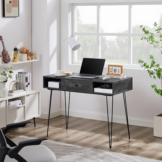 VECELO 39.3" Home Office Work Table with Drawers,Computer Desk with Hairpin Leg for Writing/Study,Charcoal Grey