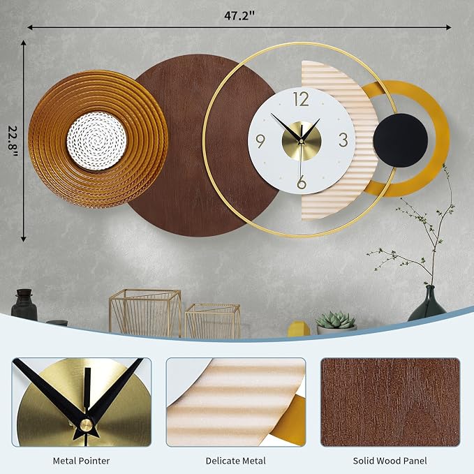 47.2x22.8 inch Large Mid Century Wall Clock for Living Room, Metal & Wood Modern Brown Decorative Clocks Silent Battery Operated for Home, Office, Bedroom, Dining