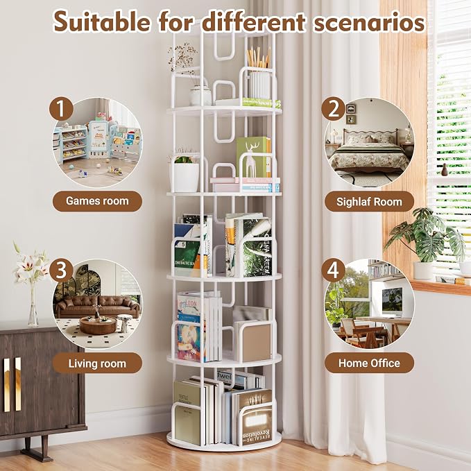 YZU Rotating Bookshelf 5 Tier 360 ° Display Spinning Bookshelf Tower, Revolving Bookcase Narrow Space Saving Swivel Book Shelf Corner Storage Organizer for Bedroom, Living Room Corner, Office
