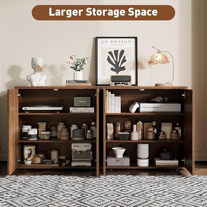 Rophefx Fluted Sideboard Cabinet, 94.5" Buffet Cabinet with Storage, Credenza Storage Cabinets with Adjustable Shelf, Wood Entryway Cabinets with Pop-up Door for Living Room, Entryway, Hallway, Walnut