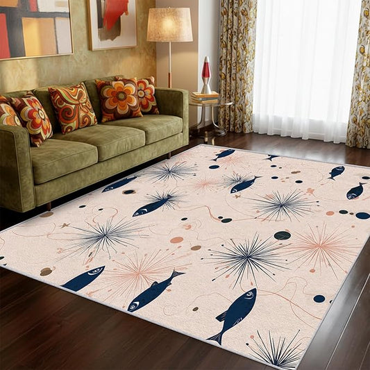 Mid Century Modern Rug 3x5 Starburst Atomic Fish Retro Pattern Area Rugs for Living Room, Bedroom, Mid Century Modern Home Decor Accessories Indoor Carpet, Non Slip & Machine Washable
