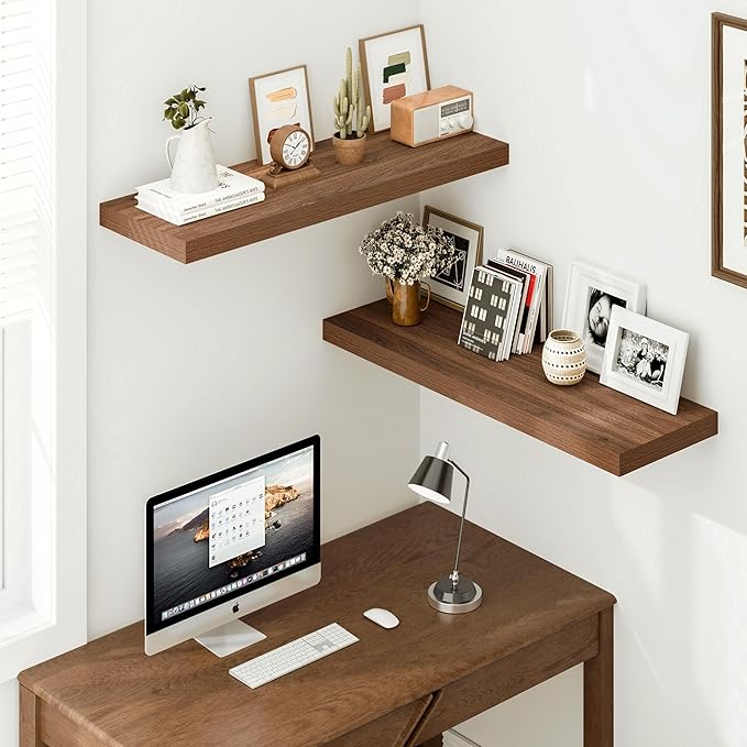 Vivelove Rustic Floating Shelves for Wall 12 Inch Deep, 35.4" X 12" X 1.5" Floating Shelf, 2 Inch Thick Shelf for Living Room Bathroom Bedroom Kitchen Office, Rustic Farmhouse Decor Set of 2, Walnut