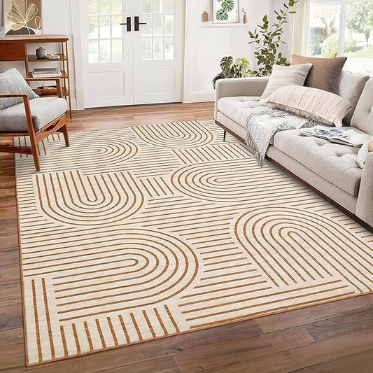 Washable Rug 8x10 Area Rugs for Living Room, Abstract Rug for Bedroom, Soft Rainbow Non Slip Throw Rugs with Rubber, Low Pile Stain Resistant Boho Geometric Carpet for Dining Room, Orange