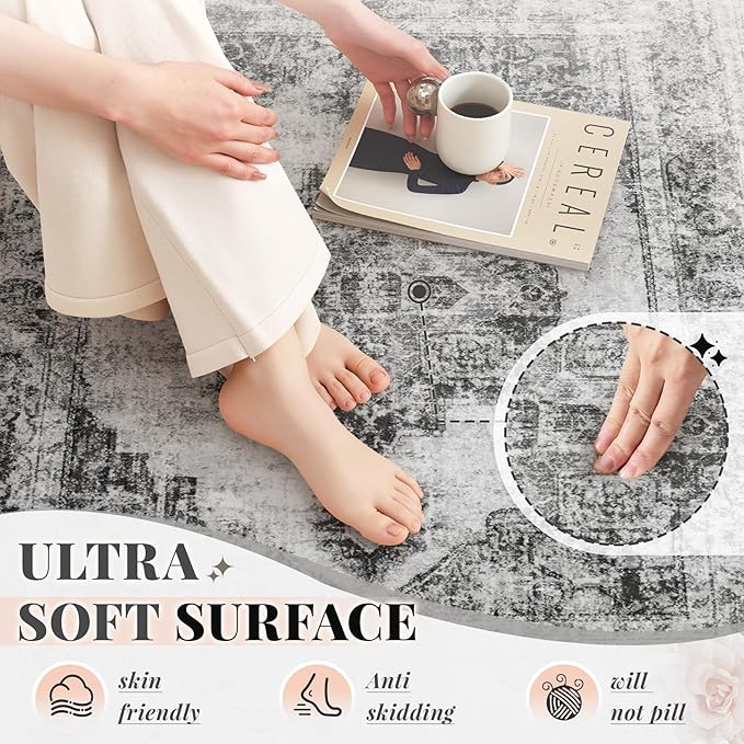 Area Rug 5x7 Vintage Rugs: Washable Indoor Medallion Rug Low Pile Distressed Floor Carpet Retro Accent Rugs for Living Room Bedroom Kitchen Dining Table Home Office(Black, 5'x7')