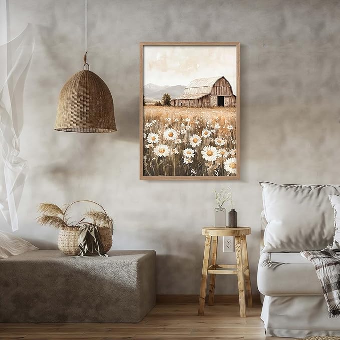 Framed Canvas Wall Art Rustic Barn Daisy Field Print Country Landscape Poster Farmhouse Picture Gallery Artwork Living Room Bedroom Office Apartment 16X24 Inch Ready to Hang