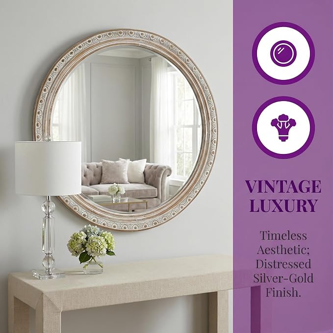 23.62'' Ornate Round Wall Mirror with Distressed Frame & Pre-Installed Hanging, Decorative Mirror with Large Reflective Surface for Bathroom Bedroom Living Room, Ancient White