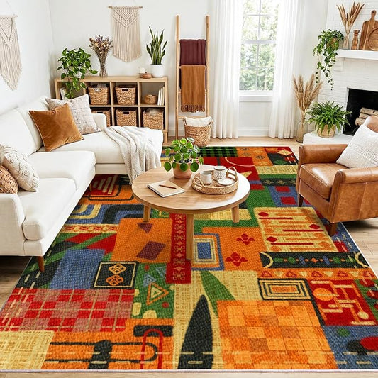 8x10 Abstract Tribal Patchwork Large Area Rug, Colorful Boho Tribal Geometric Rugs for Living Room, Non Slip Low Pile Washable Indoor Carpet Rug for Bedroom, Entryway, Dining Room, Home Office Decor