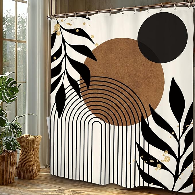 Miyotaa Abstract Minimalist Brown Black Shower Curtain Set 60Wx71H Inches Modern Aesthetic Contemporary Plant Leaves Neutral Geometric Mid Century Waterproof Bathroom Curtain with 12 Hooks
