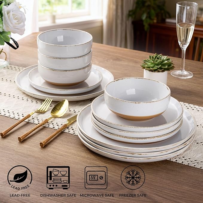 AmorArc Ceramic Dinnerware Sets for 4, 12 Pieces Handpainted Plates and Bowls Set with Rustic Terracotta Underside, Scratch Resistant Stoneware Dishes Set, Dishwasher & Microwave Safe, White
