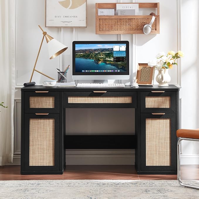 LEYAOYAO Office Desk 56" with 5 Drawers Storage File Cabinet Rattan Wood Desk for Computer Office Bedroom Home Furniture Black