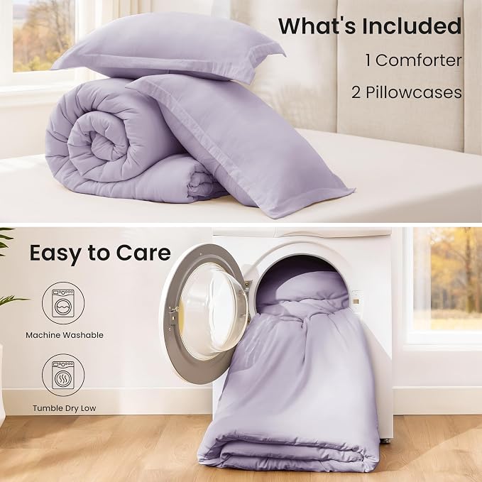 Love's cabin Lavender Queen Comforter Set, 3-Piece Prewashed Bed Set with 1 Comforter (90 x 90 in) & 2 Pillowcases, Lightweight & Breathable for All Seasons