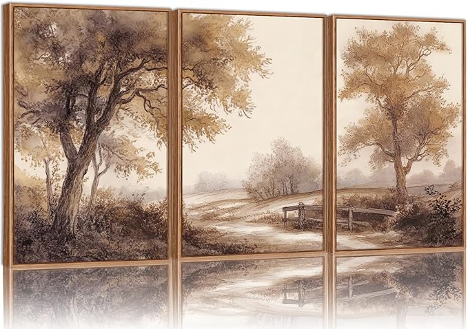 Rantodecor Vintage Landscape Framed Canvas Wall Art Triptych, Rustic Tree Sketch Wall Decor, Large Claming Nature Forest Art Paintings, Modern Relax Farmhouse Artwork for Bedroom Living Room 16"x24"x3