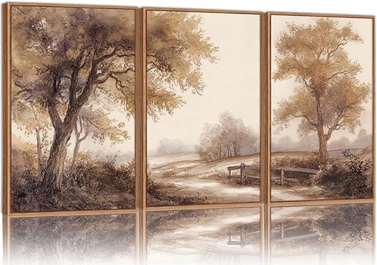 Rantodecor Vintage Landscape Framed Canvas Wall Art Triptych, Rustic Tree Sketch Wall Decor, Large Claming Nature Forest Art Paintings, Modern Relax Farmhouse Artwork for Bedroom Living Room 16"x24"x3