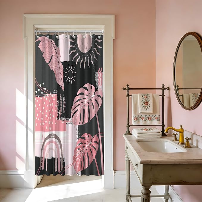 Small Stall Narrow Shower Curtain Pink and Gray Stand Up Abstract Grey Bohemian Shower Curtains for Rv Camper Bathroom Decor Sets, Waterproof Cloth Fabric with Hooks, 36 x 72 Inch