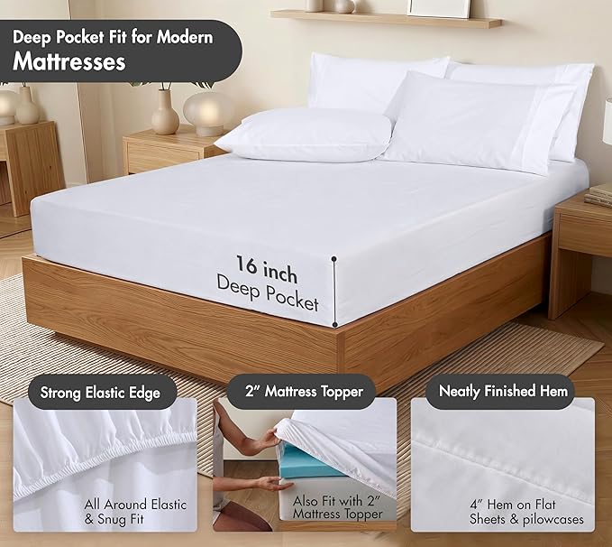 RUVANTI 100% Cotton Percale Sheets Queen Size 6 Piece Set, Cooling Bed Sheets for Hot Sleepers, Deep Pocket 16”, Breathable Lightweight & Durable, Crisp Hotel Style Sheets, Bright White