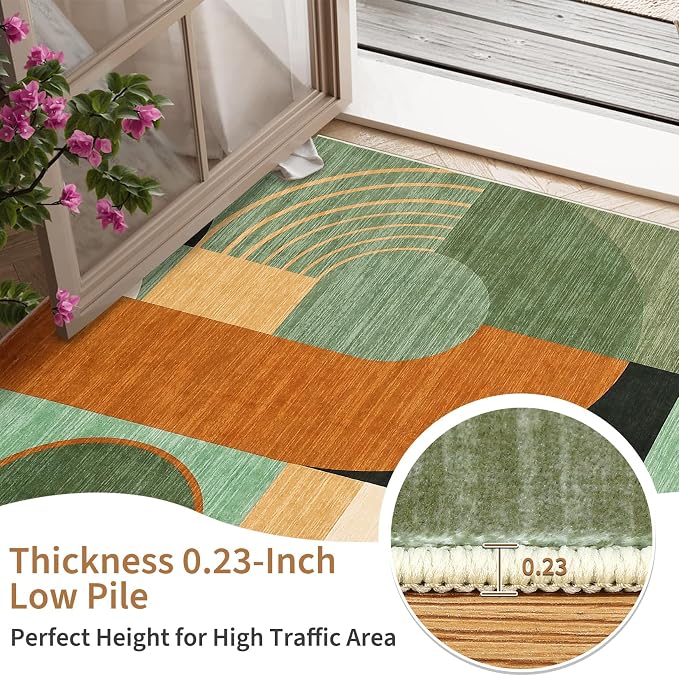 4x6 Washable Rug for Bedroom, Boho Geometric Small Area Rugs for Living Room Entryway Soft Low Pile Non-Slip Indoor Rug for Playroom Dorm, Green Multi, 4'x6'
