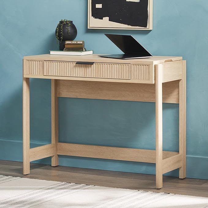 Walker Edison Transitional Style Furniture, Reeded Detail, Lift-Top Desk with Drawer and Storage Cubby, Sitting to Standing Desk, Soft Self-Close Desktop, 38 Inch, Coastal Oak