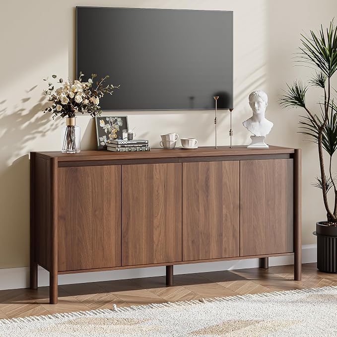 59" Wide Walnut Buffet Cabinet Storage,4 Doors and Adjustable Shelves,Solid Wood Round Legs,Wood Mid Century Sideboard for Kitchen,Living Room,Coffee Bar.